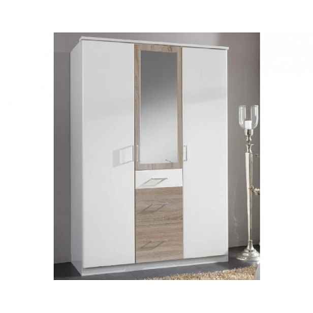Šatní skříň se zrcadlem Click, 135 cm, bílá/dub sonoma