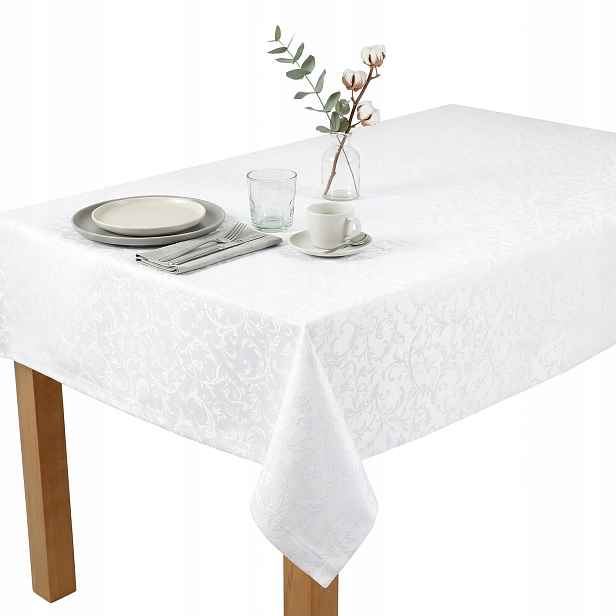Bílý ubrus odolný proti skvrnám 120x170 Žakard Motiv listů Akantu 3 cm Manžeta
