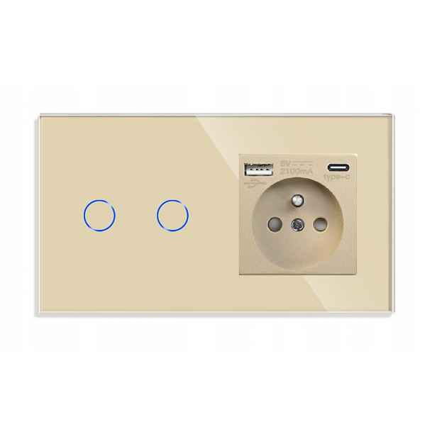 Dvojitý Dotykový Spínač 2K S Usb-c Zásuvkou, Skleněný Vypínač