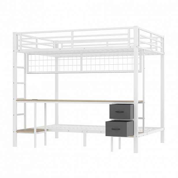 KOMHTOM PATROVÁ POSTEL 90x200 a 140x200 cm se 7barevným LED páskem, USB nabíjecím portem, bez matrace, bílá