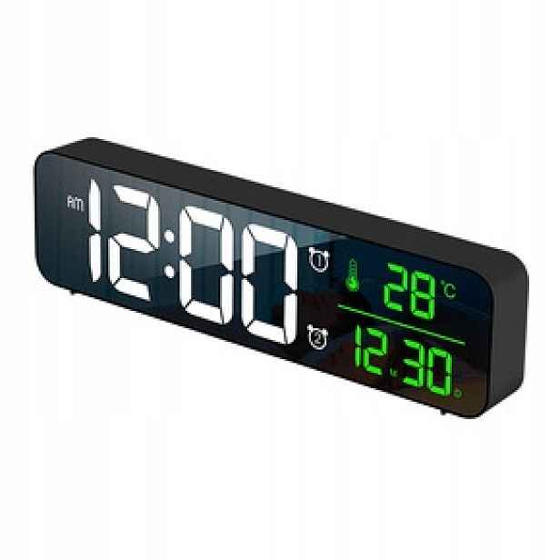 Led nástěnné hodiny Teplota Zvlhčení 12/24 Zrcadlo Zelená Stmívání