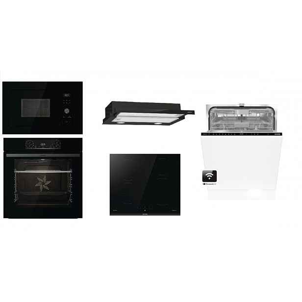 Set spotřebičů Gorenje, trouba+ deska+ MW trouba+ digestoř+ myčka60cm