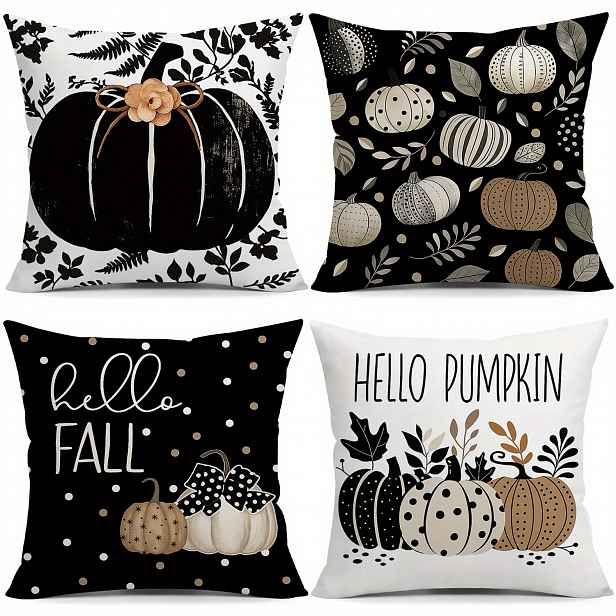 TEMU Hello Autumn, žluté květiny, černé dýně, povlaky na polštáře s mašlí ve stylu podzimu, sada 4 kusů, vhodné pro křesla v obývacím pokoji a