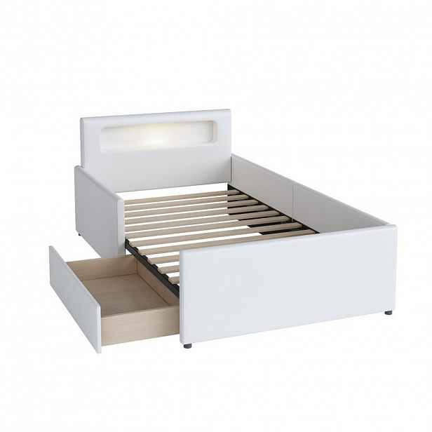KOMHTOM POLŠTÁŘOVÁ POSTEL 90x200 cm s nočním světlem a USB nabíjecím portem v bílé barvě