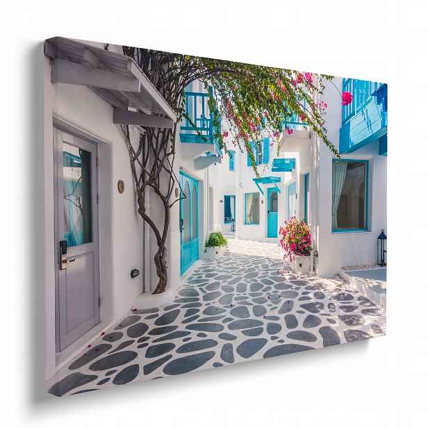 Nástěnná dekorace obraz Santorini řecké domy uličky na plátně 70x50 cm