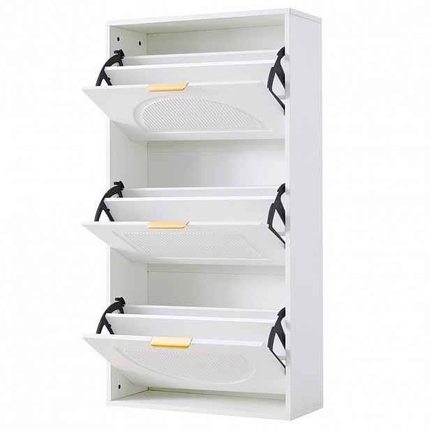 Modfu VÝKLOPNÝ botník z MDF a dřevotřísky 60x24x114 cm bílý se 3 výklopy a nastavitelnými policemi