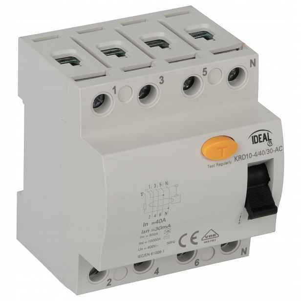 Diferenciální proudový spínač 4P 40A 30mA 10kA Ideal KRD10-4/40/30 38741