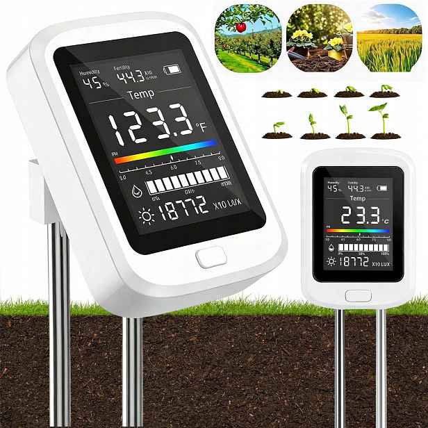 Kyseloměr Půdní Tester 6V1 S LCD Úrodnost Vlhkost Teplota Ph Apod.