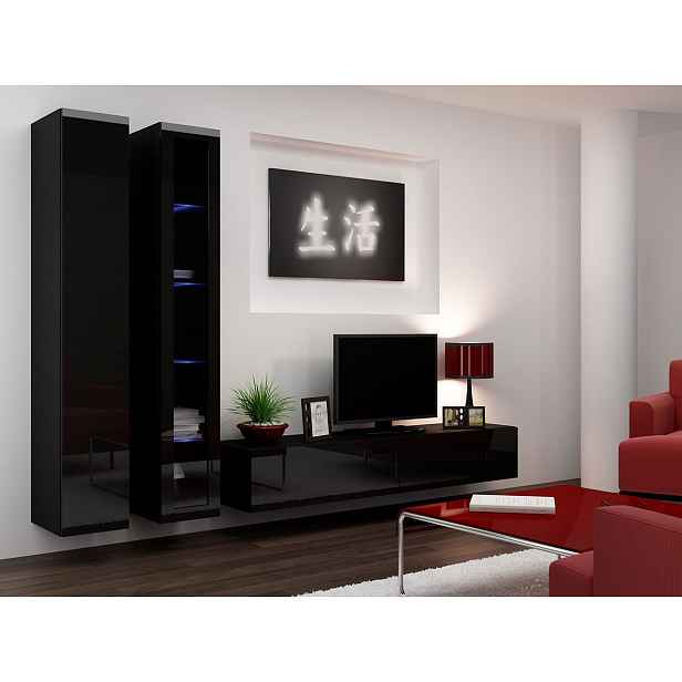 Obývací stěna s LED RGB osvětlením ASHTON 3 - černá / lesklá černá