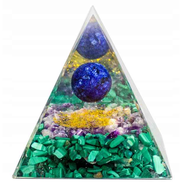 Pyramida Orgonit Lazuryt Malachit Ametyst Měď Feng Shui Harmonizace 6 cm