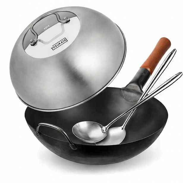 Yosukata Wok 30 cm sada Víčko Špachtle Naběračka Indukce Plyn Ploché Dno