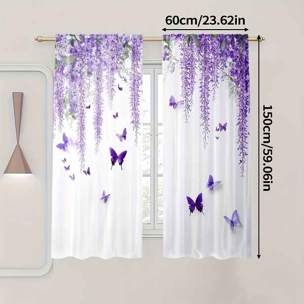 TEMU 2ks Elegantní Závěsy s Květinovým Potiskem Glicínie, Deco, Pratelná Polyesterová Látka, Světlo Prodyšný Obývací Pokoj, Ložnici, Kuchyň Kavárnu