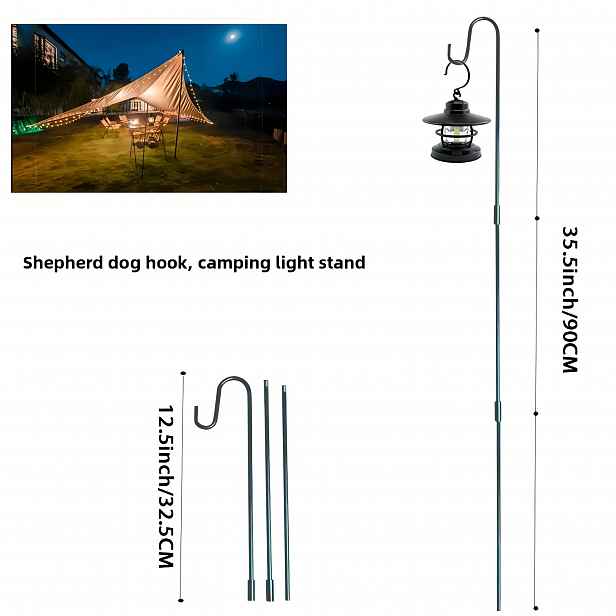 TEMU Přenosný stojan na kempingovou lampu s nastavitelným kovovým hákem - není potřeba elektřina, lehké vybavení pro kempování, turistiku, zahradu,