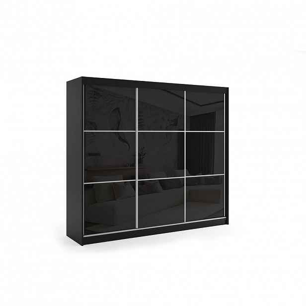 ALTDECOR ŠATNÍ SKŘÍŇ s posuvnými dveřmi Lacobel a hliníkovými lamelami, LED osvětlení – VIVONA – 240 cm, černá