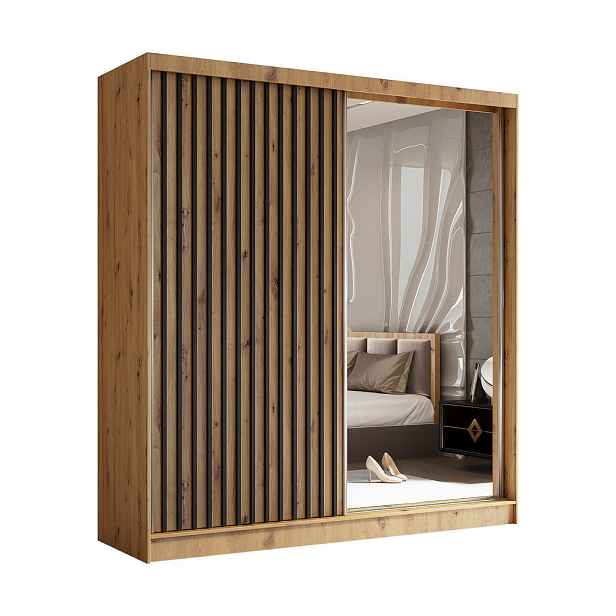 MASSENO ŠATNÍ SKŘÍŇ S POSUVNÝMI DVEŘMI LAMELLO, 200/216/61 cm 2dveřová se zrcadlem, dub Artisan