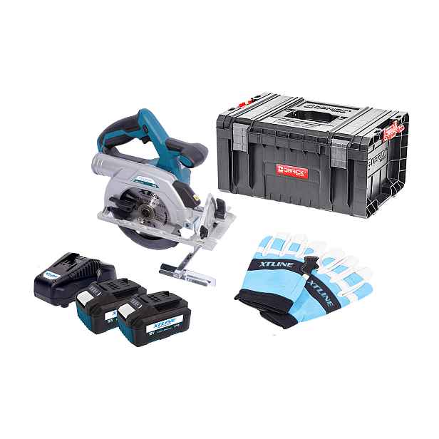 XTLINE Aku kotoučová pila bezuhlíková 18 V, 165 mm + 2 baterie 5.0 Ah + nabíječka 3.5 A + rukavice + box