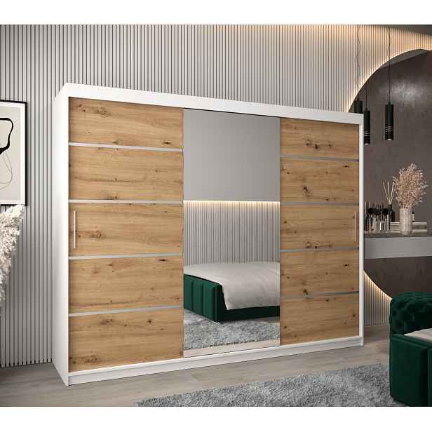 Šatní skříň Abi V2 Economy Barva korpusu: Bílá, Rozměry: 250 cm, Dveře: Dub-Artisan