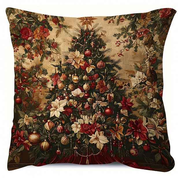 TEMU 1ks Vintage Vánoční Stromeček Throw Pillow Cover, 18x18 Palců, Měkký Krátký Plyš s Ozdobami a Květinovým Designem, Zipper Closure, Lze Prát v