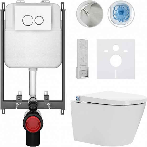 Závěsné WC s bidetem Basic/Cronus Premium - bílá lesklá - WC tlačítko Dualo/Bílá - pro zazdění - 59,3x38,4 cm