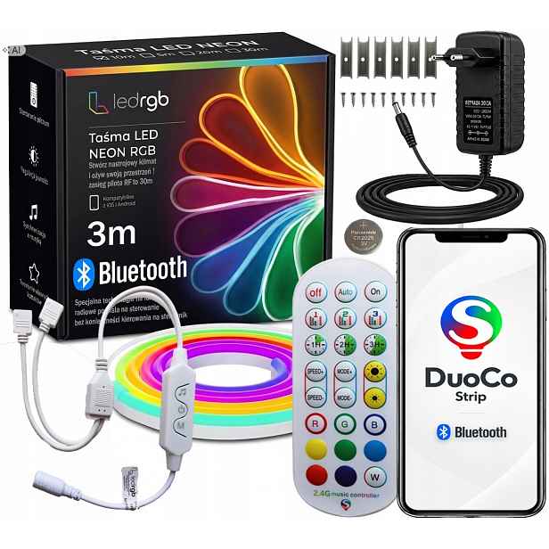 Set Led Pásek Neon 3M (1x3m) Rgb Apka Dálkový Ovladač Rádiový 2.4 Napájecí Zdroj IP67