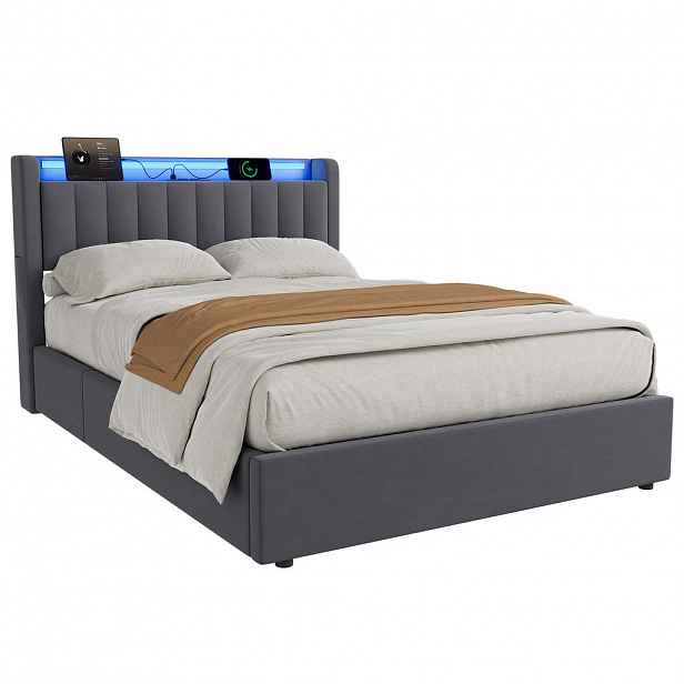 WISHDOR ČALOUNĚNÁ POSTEL 140/190 cm v šedé barvě, s úložným prostorem, USB a LED osvětlením, bez matrace