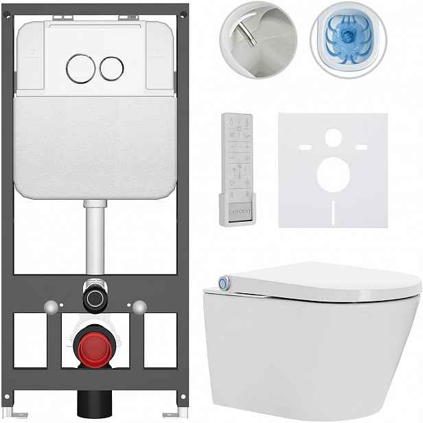 Závěsné WC s bidetem Basic/Cronus Premium - bílá lesklá - WC tlačítko Dualo/Bílá - závěsné - předstěnová instalace - 59,3x38,4 cm