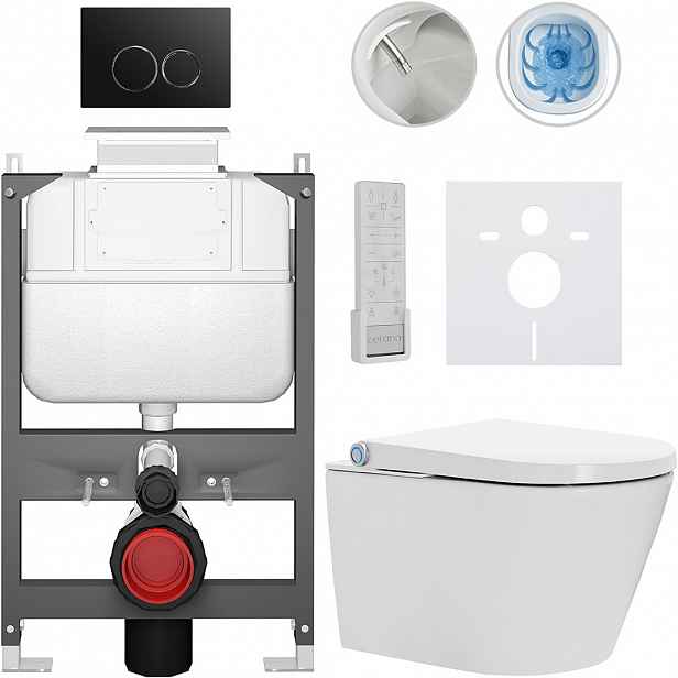 Závěsné WC s bidetem Basic/Cronus Premium - bílá lesklá - WC tlačítko Dualo/Černá - ovládání shora - předstěnová instalace - 59,3x38,4 cm
