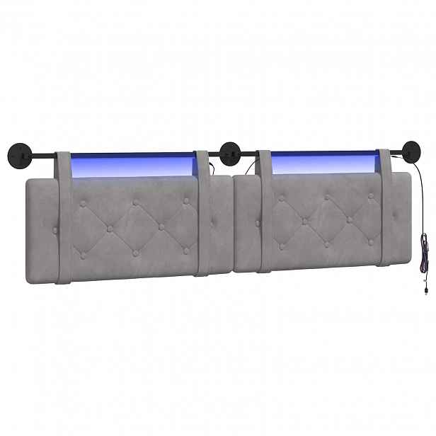 vidaXL Závěsné čelo postele S LED osvětlením Světle šedá samet