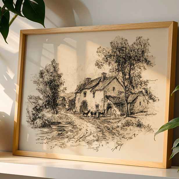 TEMU Bezrámová Vintage Krajinná Nástěnná Umění v Neutrálních Tónech - Venkovská Krajina na Plátně Vhodná do Obývacího Pokoje - Vintage Dárek k Novému