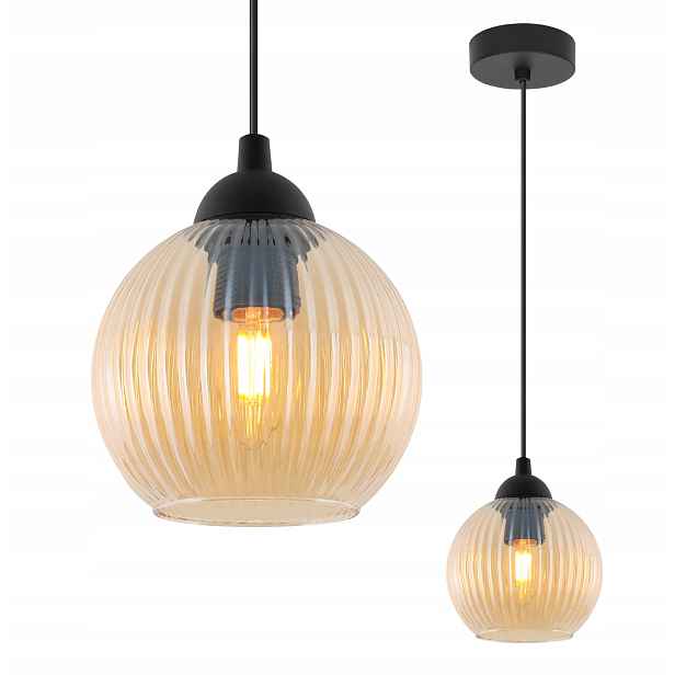 Závěsná Stropní Lampa Lustr Černá Topazové Stínidlo Skleněná Koule 14 CM