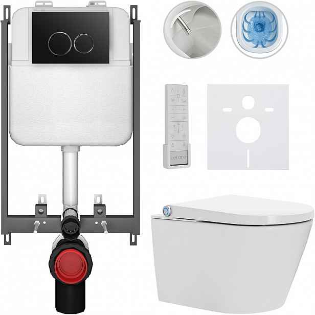Závěsné WC s bidetem Basic/Cronus Premium - bílá lesklá - WC tlačítko Dualo/Černá - pro zazdění - 59,3x38,4 cm