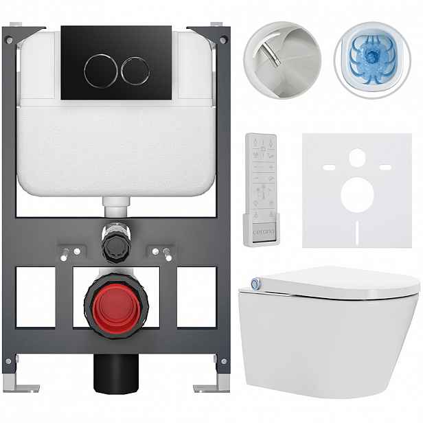 Závěsné WC s bidetem Basic/Cronus Premium - bílá lesklá - WC tlačítko Dualo/Černá - závěsné - nízký modul - předstěnová instalace - 59,3x38,4 cm