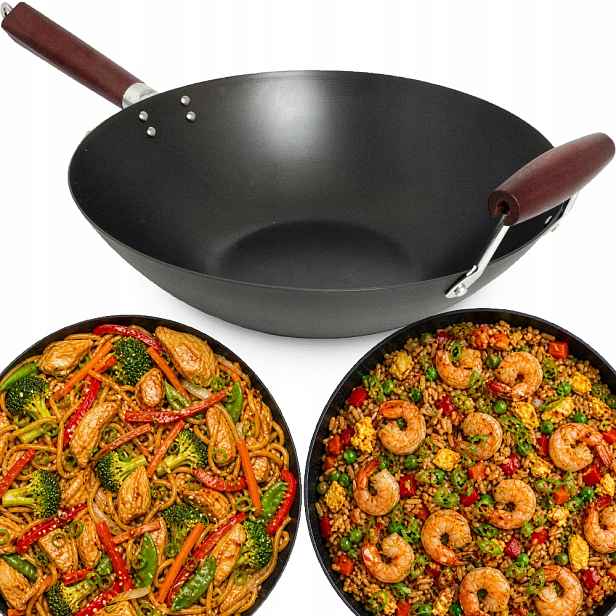 Wok pánev Ocel Uhlíková Ploché dno 35 cm s držákem pro každou kuchyňskou linku
