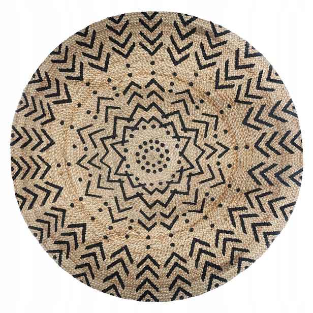 Koberec Z Juty, Kulatý Ø Geometrický Vzor 120 CM, Béžový