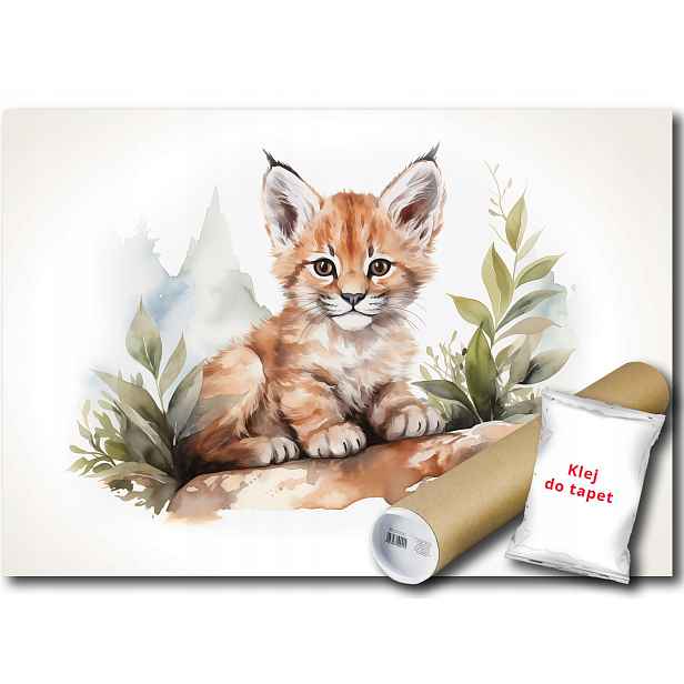 Vinylová Fototapeta Rys Kočka Zvířátko Fauna Les Rostlinky Akvarel 208x146