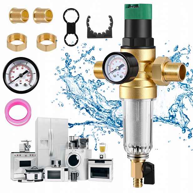 Regulátor Tlaku Vody 0.1-0.8 Mpa, Filtr 40Μ M, Montážní Sada, Měď