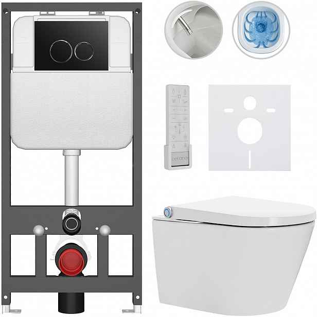 Závěsné WC s bidetem Basic/Cronus Premium - bílá lesklá - WC tlačítko Dualo/Černá - závěsné - předstěnová instalace - 59,3x38,4 cm