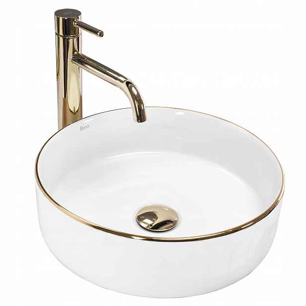 Umyvadlo Na Desku Kulaté Bílé Se Zlatým Lemem 36 cm Rea Sami Gold Edge