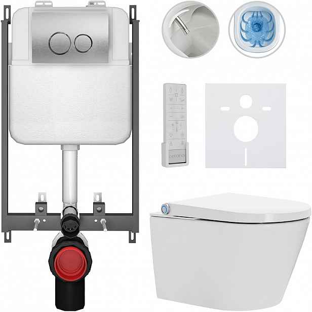 Závěsné WC s bidetem Basic/Cronus Premium - bílá lesklá - WC tlačítko Dualo/Stříbrná - pro zazdění - 59,3x38,4 cm