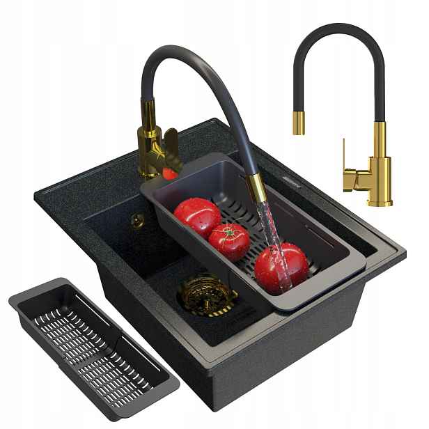 Granitový Dřez Jednokomorový Nero Sada Gold Baterie Sifon Odkapávač