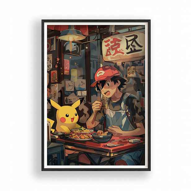 Obraz Pokémon Pikachu Ash Ramen Plakát Rámeček Dřevěný Černý 30x42 cm
