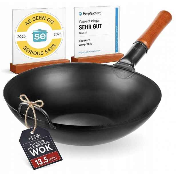 Yosukata Wok 34 cm ocel ploché dno indukce plyn stir-fry