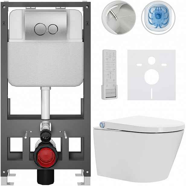 Závěsné WC s bidetem Basic/Cronus Premium - bílá lesklá - WC tlačítko Dualo/Stříbrná - volně stojící - předstěnová instalace - 59,3x38,4 cm
