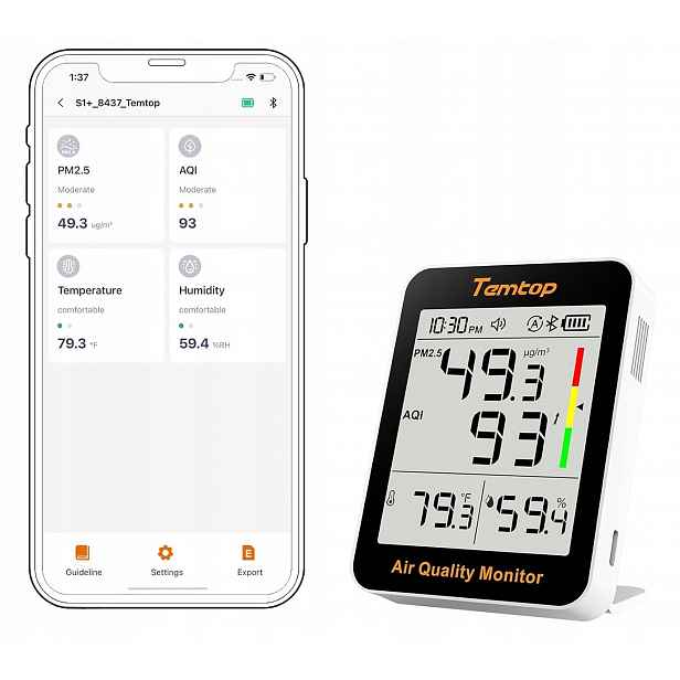 Domácí měřič Snímač čistoty vzduchu Pm 2,5 Temp %rh Aqi Aplikace Bt