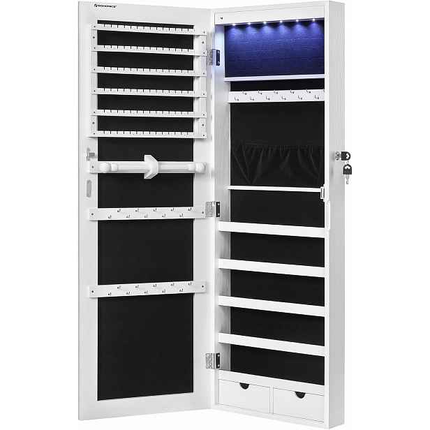 Songmics Skříňka na šperky s dlouhým zrcadlem, se 6 Led diodami, bílá barva