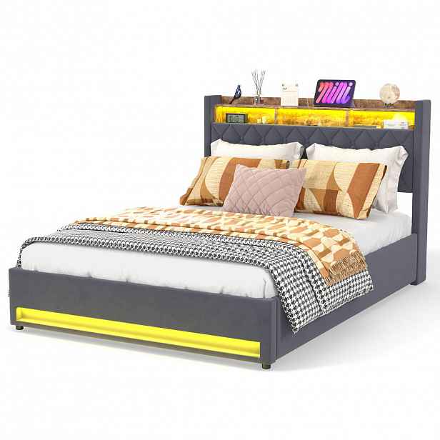 WISHDOR ČALOUNĚNÁ POSTEL 160/200 cm v šedém sametu, s úložným prostorem, USB, LED, bez matrace