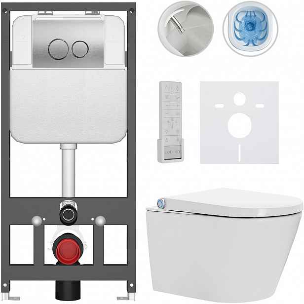 Závěsné WC s bidetem Basic/Cronus Premium - bílá lesklá - WC tlačítko Dualo/Stříbrná - závěsné - předstěnová instalace - 59,3x38,4 cm