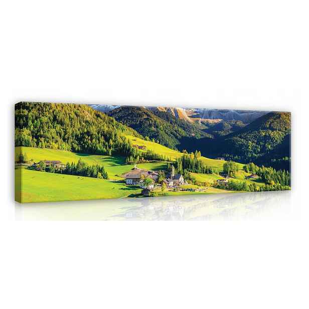 Obraz 145x45 horská krajina údolí Alpy vesnice kostel slunce světlo stín