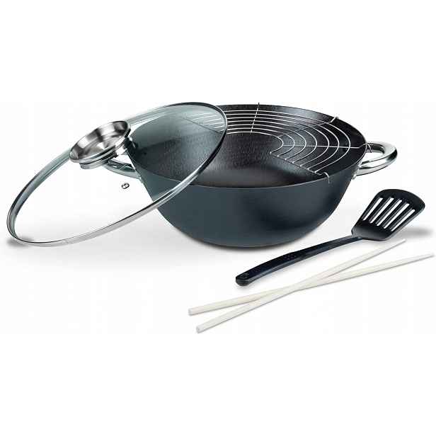 Wok Litinový 32CM 6,2L Gsw Víko Sklo Indukce Kamna Sada 5EL