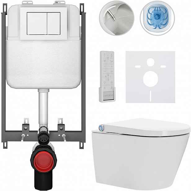 Závěsné WC s bidetem Basic/Cronus Premium - bílá lesklá - WC tlačítko Maxio/Bílá - pro zazdění - 59,3x38,4 cm